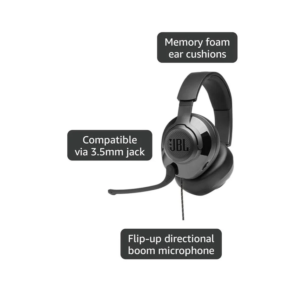 JBL Quantum 200 Harman, Black Gamer Headset, Wired Over Ear, Flip Up Mic Mute